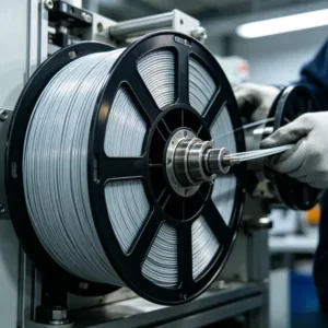 Operator inspecting a large filament spool on the production line