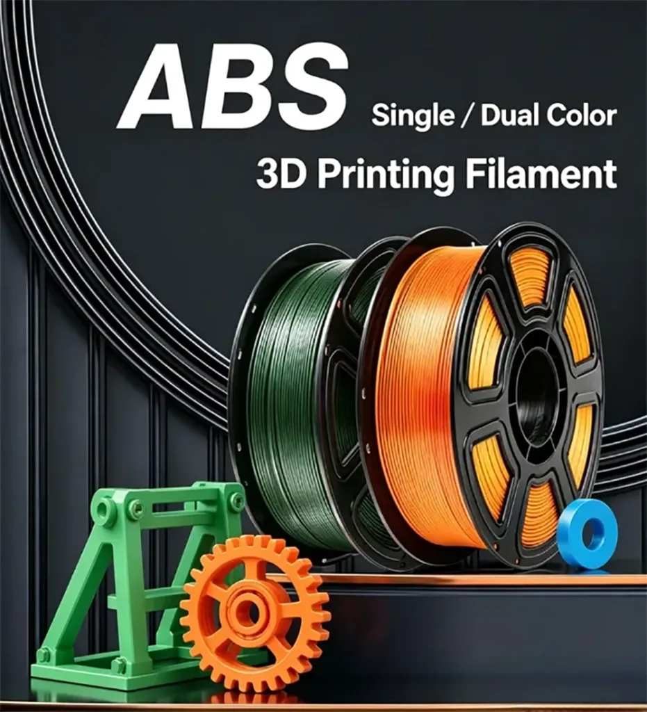 ABS filament poster with orange and green spools and printed gears