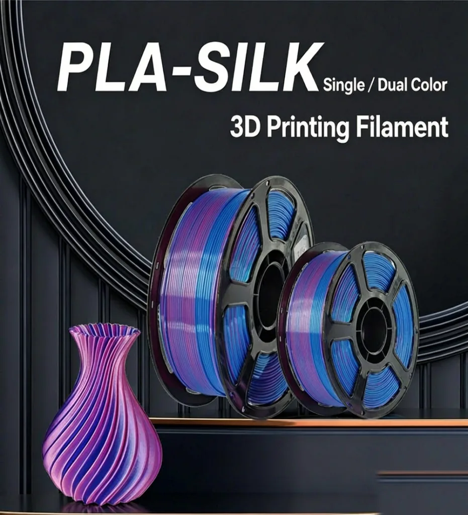 PLA Silk dual color filament poster with blue-purple spool and twisted spiral vase