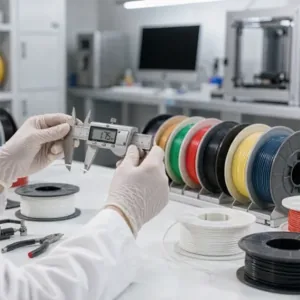 Quality control: gloved technician measuring 1.75mm filament with a digital caliper beside rows of colorful spools