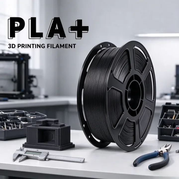 Black PLA+ filament used in a 3D printing project, scene 1