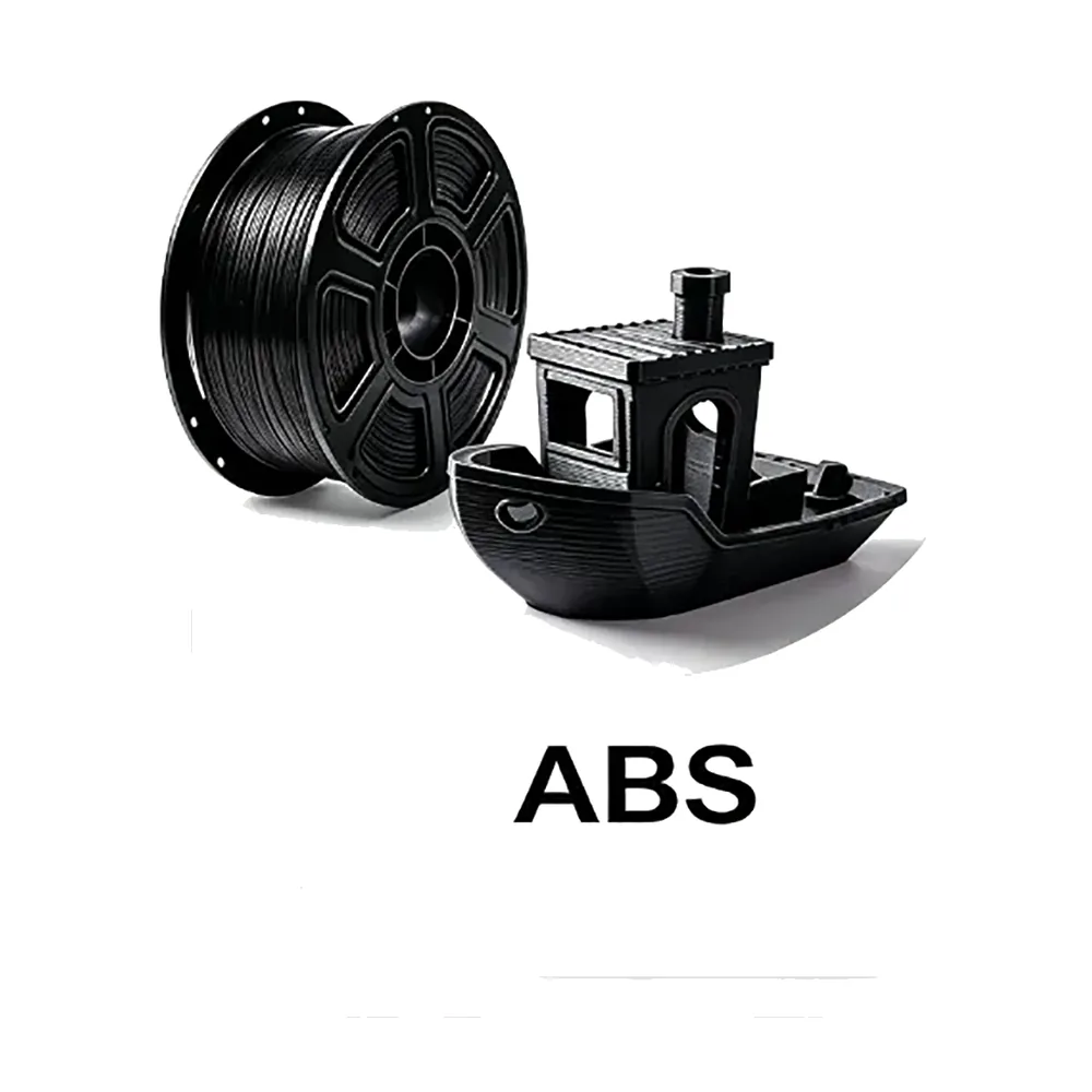 Black ABS filament spool with a 3D printed tugboat on a white background