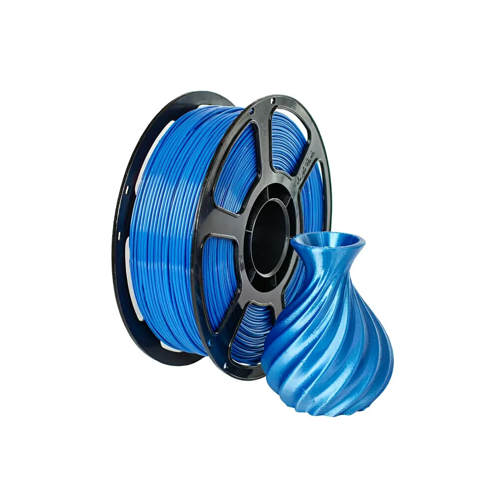 Blue PLA+ filament spool with a blue 3D printed vase on a white background