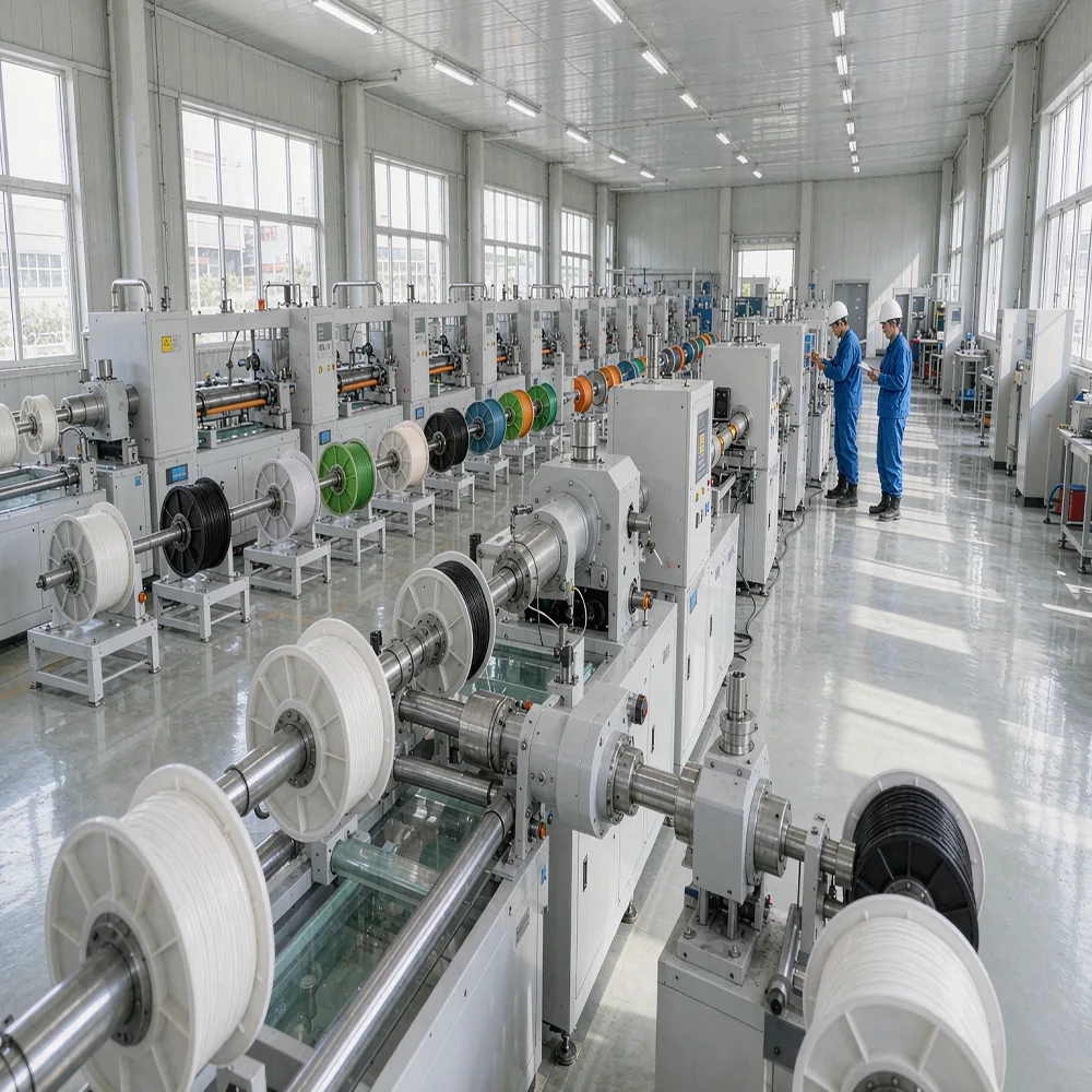Rows of automated filament spool winding machines in a bright production hall