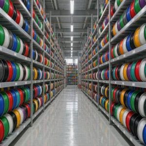 Warehouse aisle lined with racks of colorful filament spools